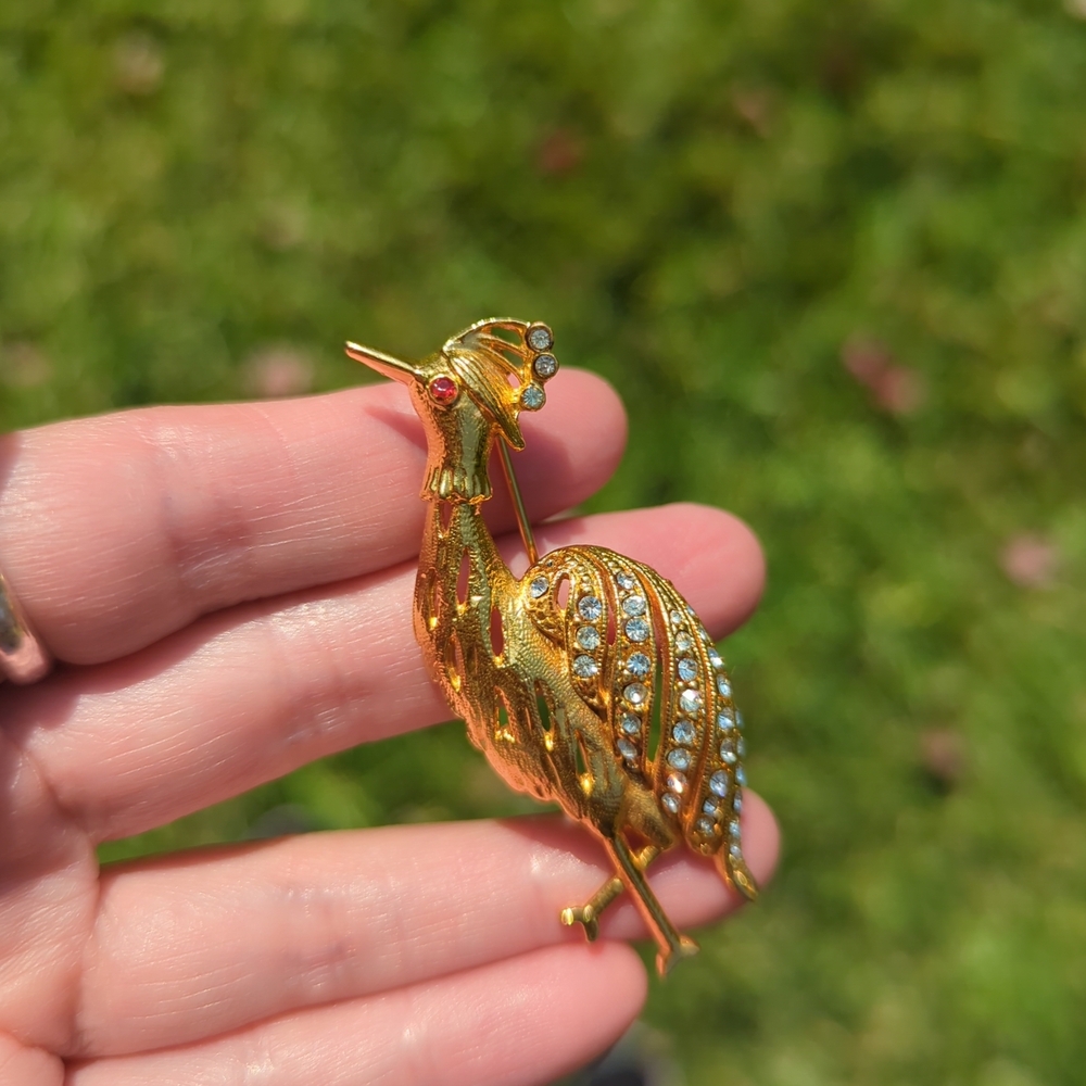 1950's Antique Gold Peacock Brooch with Rhinestones